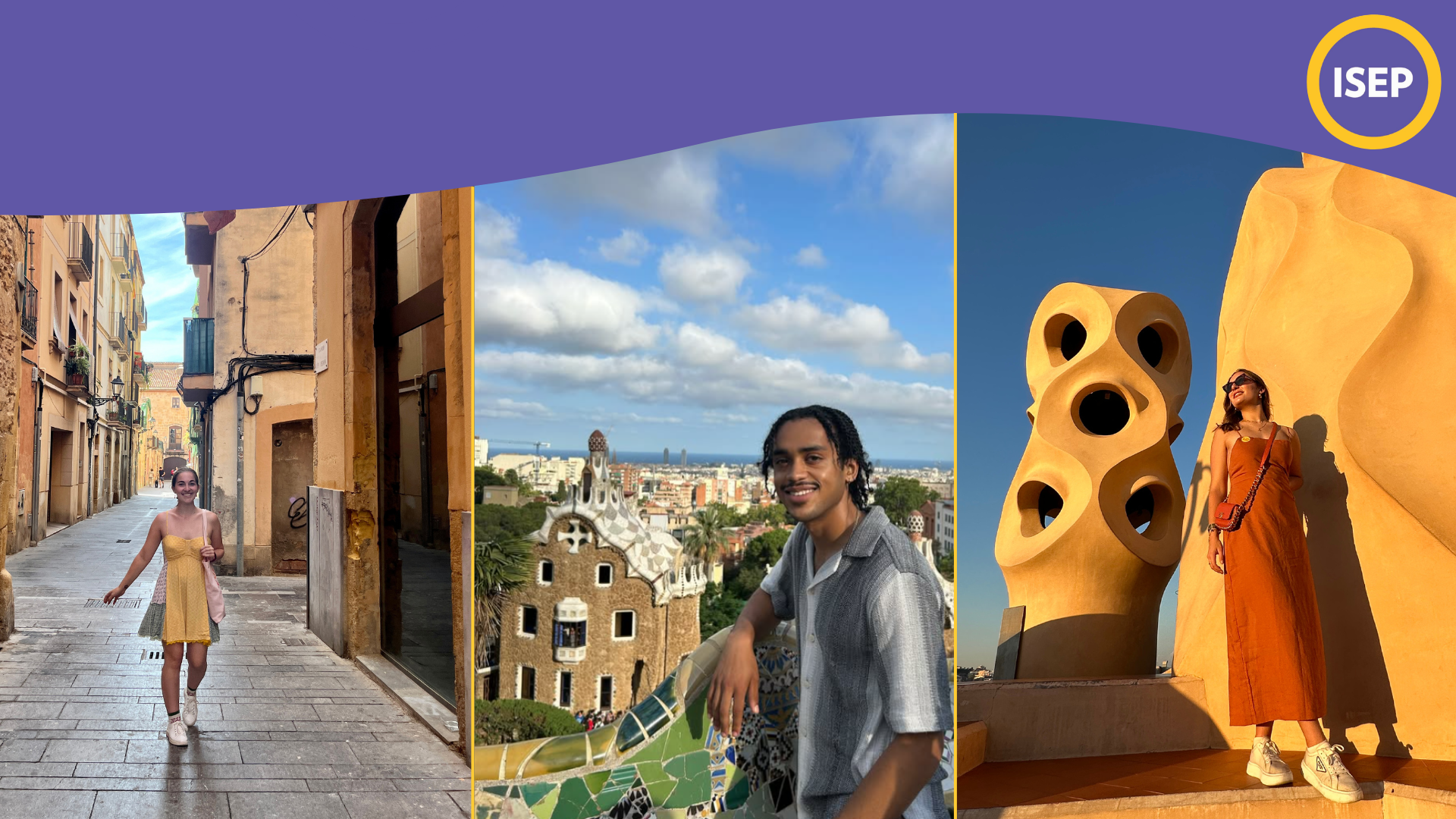 A collage of three images that a wavy purple border goes across the top of. On the right of this border, is the ISEP logo. The image on the left is of a young woman smiling on a stone road, surrounded by tall yellowish buildings. The image in the center is of a young man smiling in front of a city scape that combines old and new buildings. The image on the right is of a young woman posing in front of two beige colored sculptures.