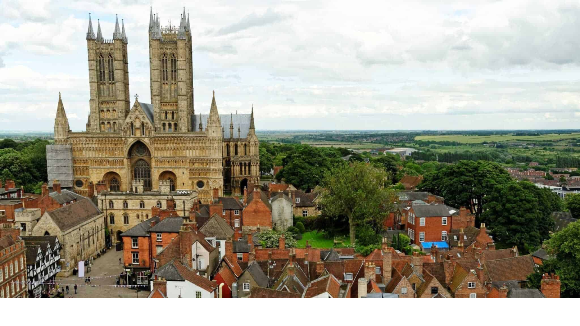 City of Lincoln, UK - large two spire cathedral with green flatlands