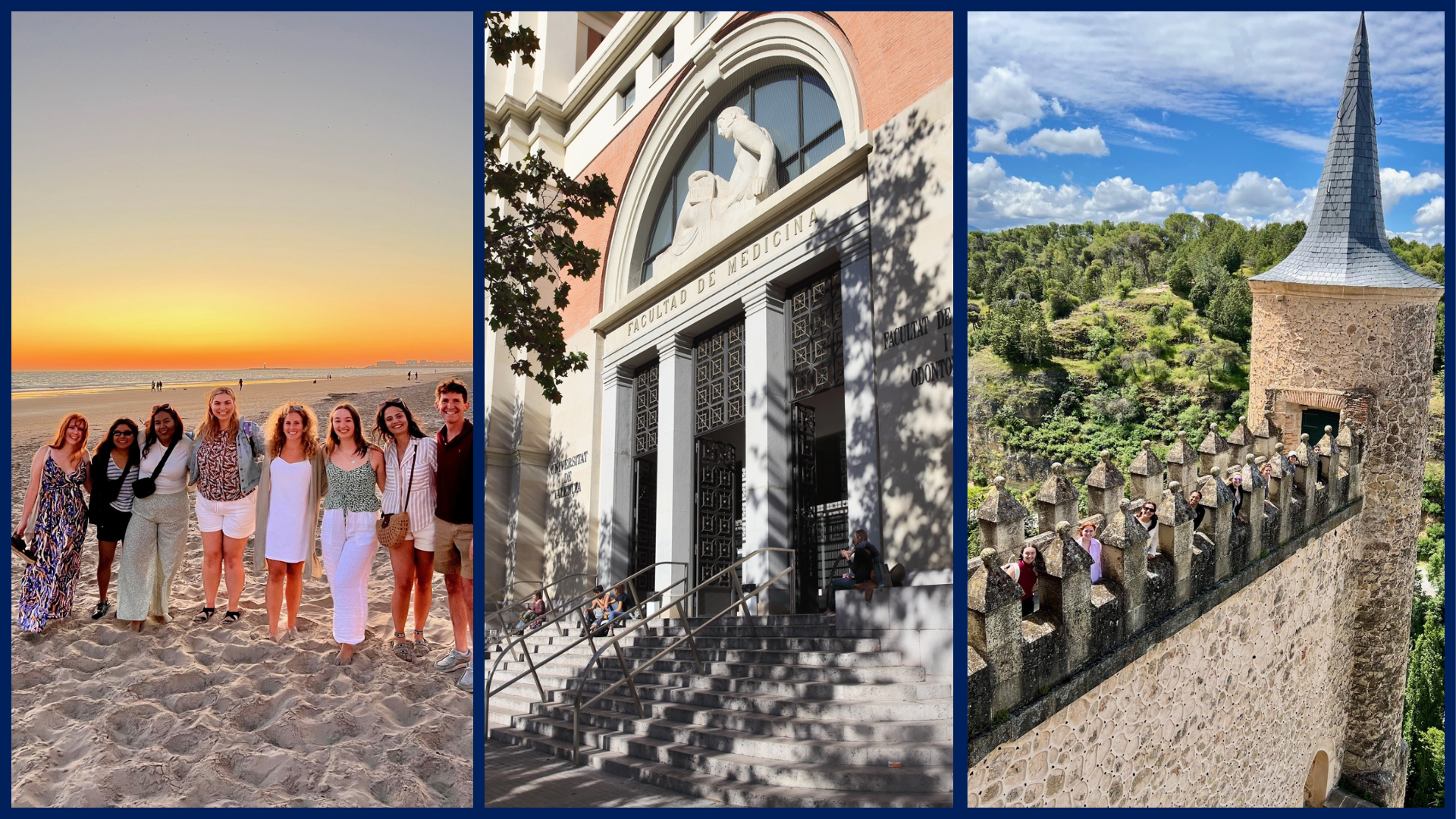 A collage of three images. On the left is a picture of UIS students who studied there, smiling on the beach during a sunset. The image in the middle is a brick and stone building that is a part of the campus. The image on the right is of UIS students who studied there, they are on a bridge that is in a high part of a cathedral.