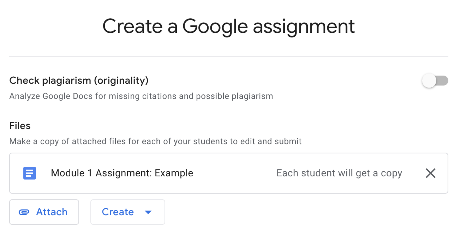 Interface for creating a Google Assignment. Attach a template to the content so all student can get a copy