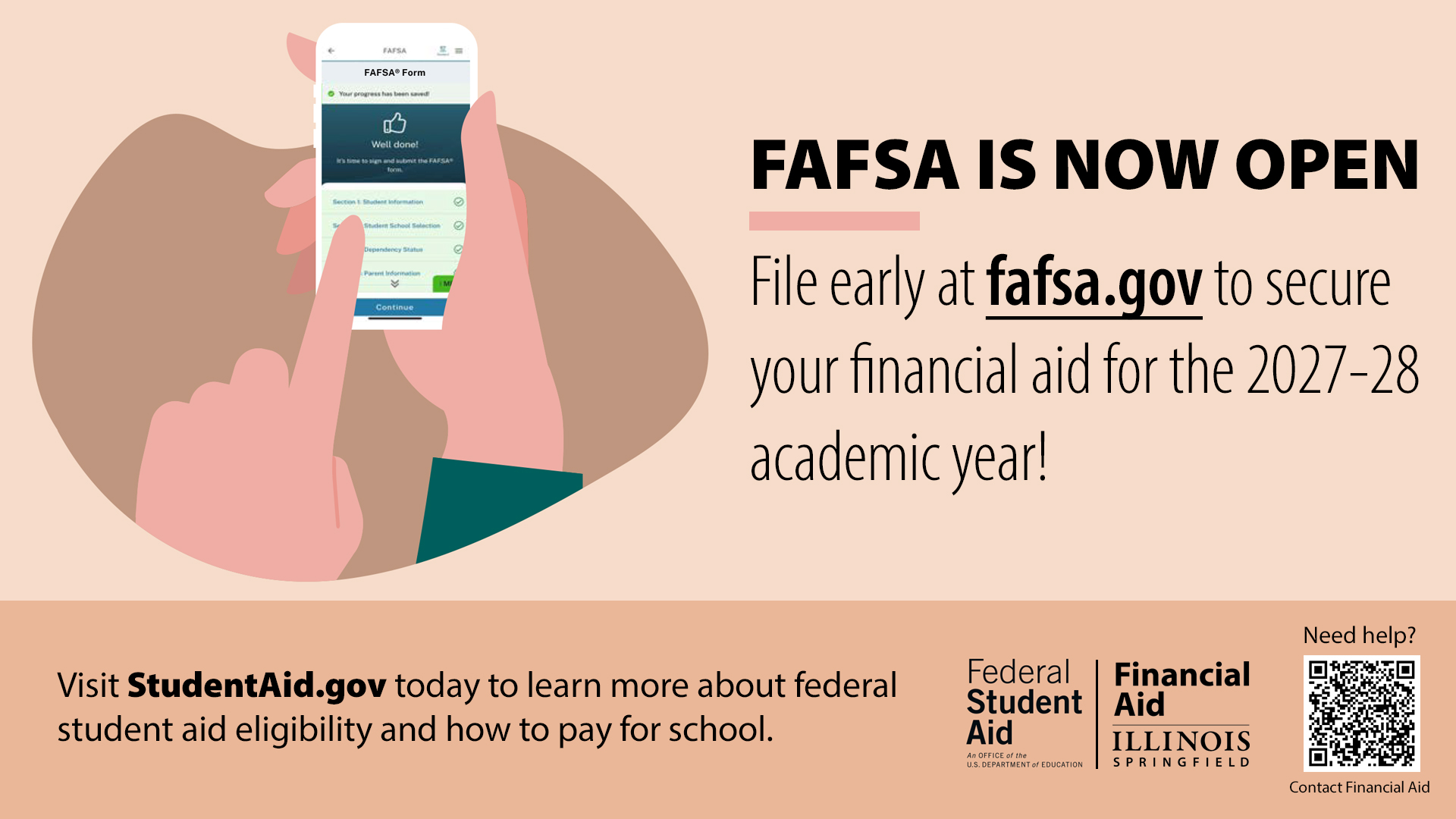 A person on their phone. The phone screen says "FAFSA Form". Other text on the screen says the same as the text in the message.